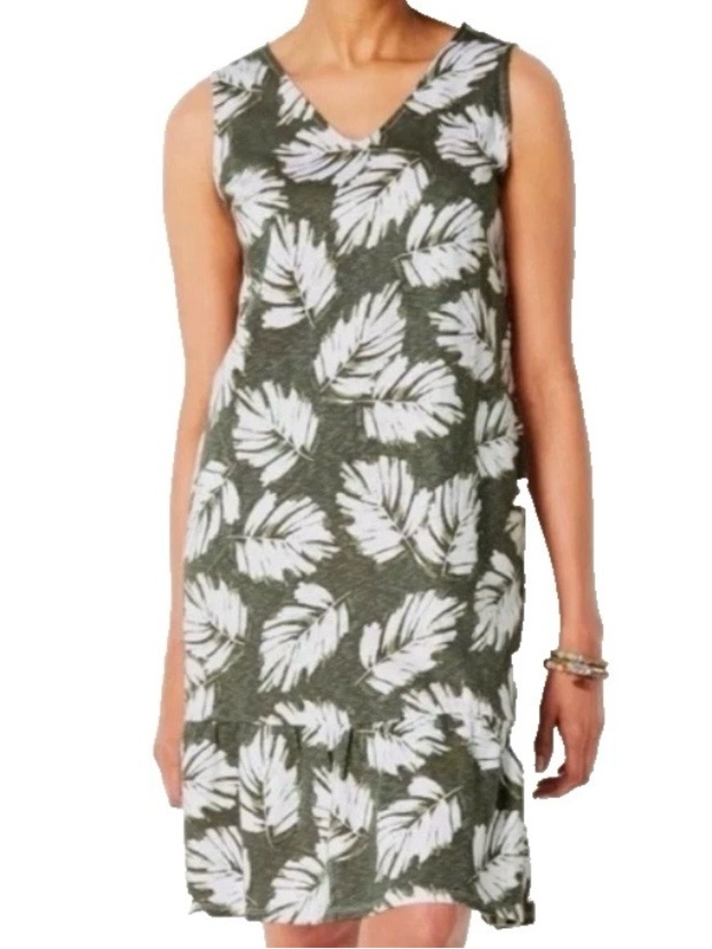 J Jill Flounced Hem Dress Womens M Green Tropical Leaves Resort Beachy Sundress - Picture 8 of 8